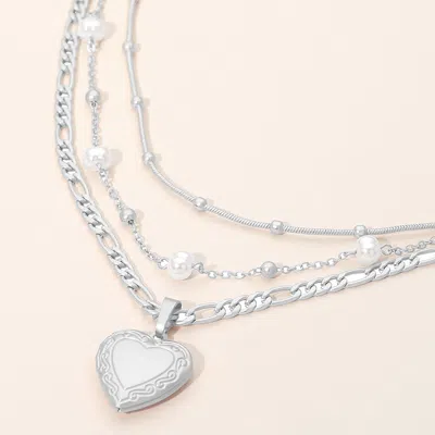 Fashnzfab 3pcs - Heart Locket Pendant Pearl Station Bead Chain Layered Necklaces In Metallic