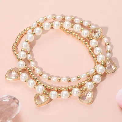 Fashnzfab 3pcs - Heart Stone Charm Pearl Metal Ball Beaded Multi Layered Bracelet