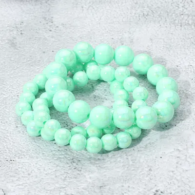 Fashnzfab 3pcs - Hologram Beaded Stretch Bracelets Ab, Mint In Green
