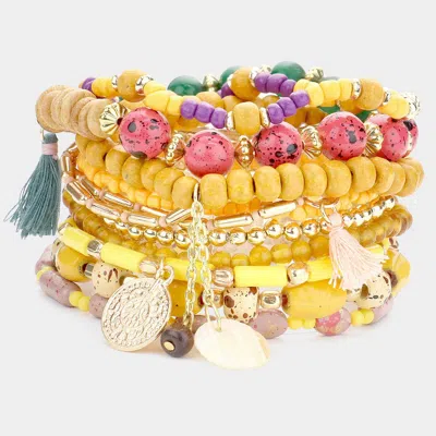 Fashnzfab 3pcs - Hologram Beaded Stretch Bracelets In Yellow