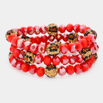 FASHNZFAB 3PCS - LEOPARD PATTERN SHAMBALLA BALL FACETED BEAD STRETCH BRACELETS AB, RED