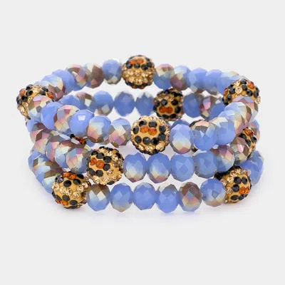 Fashnzfab 3pcs - Leopard Pattern Shamballa Ball Faceted Bead Stretch Bracelets In Blue