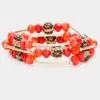 Fashnzfab 3pcs - Leopard Patterned Shamballa Ball Faceted Beaded Stretch Bracelets In Multi