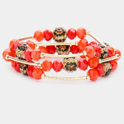 Fashnzfab 3pcs - Leopard Patterned Shamballa Ball Faceted Beaded Stretch Bracelets In Multi