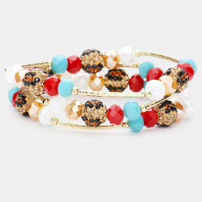 Fashnzfab 3pcs - Leopard Patterned Shamballa Ball Faceted Beaded Stretch Bracelets Multi, White
