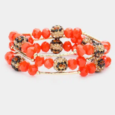 FASHNZFAB 3PCS - LEOPARD PATTERNED SHAMBALLA BALL FACETED BEADED STRETCH BRACELETS ORANGE