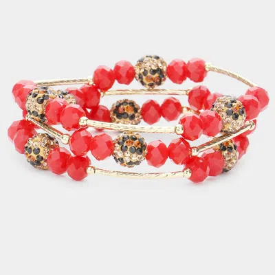 Fashnzfab 3pcs - Leopard Patterned Shamballa Ball Faceted Beaded Stretch Bracelets In Red