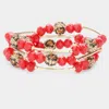 Fashnzfab 3pcs - Leopard Patterned Shamballa Ball Faceted Beaded Stretch Bracelets In Red