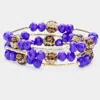 Fashnzfab 3pcs - Leopard Patterned Shamballa Ball Faceted Beaded Stretch Bracelets In Blue