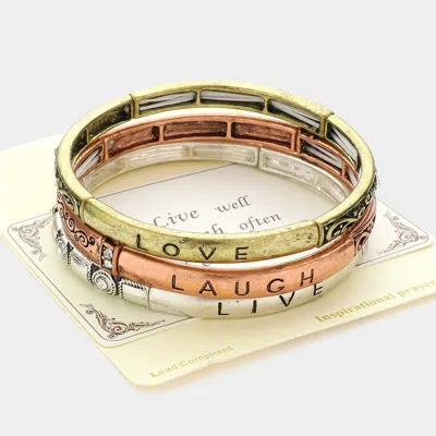Fashnzfab 3pcs - Live Love Laugh Message Stack Stretch Bracelets Three Tone In Multi