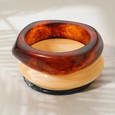 Fashnzfab 3pcs - Marbled Chunky Resin Stackable Bangle Bracelets Brown, Neutral In Multi
