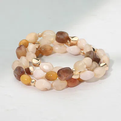Fashnzfab 3pcs - Marbled Resin Pebble Beaded Stretch Multi Layered Bracelets In Brown