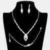 Fashnzfab 3pcs - Marquise Rhinestone Necklace Jewelry Set In Silver