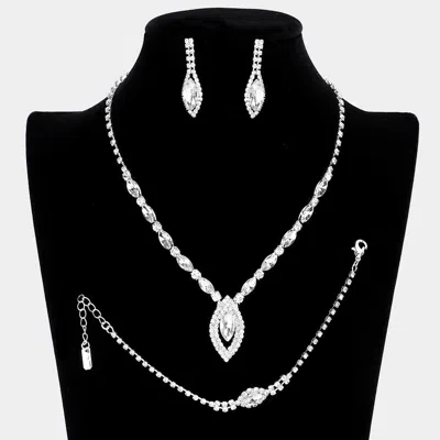 Fashnzfab 3pcs - Marquise Rhinestone Necklace Jewelry Set In Silver