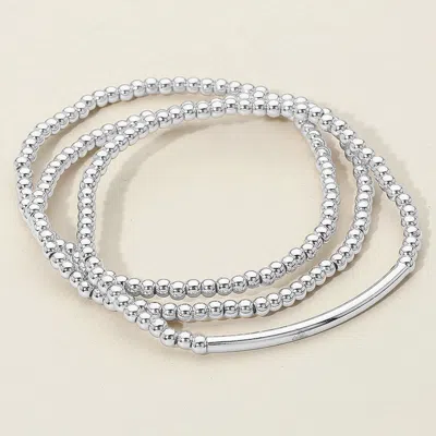Fashnzfab 3pcs - Metal Ball Beaded Bar Accent Stretch Multi Layered Bracelets Rhodium
