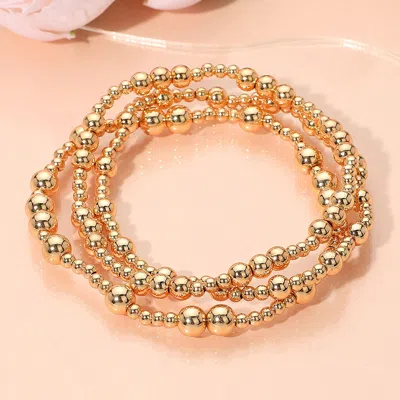 Fashnzfab 3pcs - Metal Ball Beaded Stretch Stackable Multi Layered Bracelets Gold