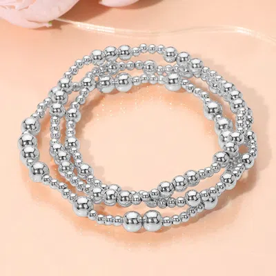 Fashnzfab 3pcs - Metal Ball Beaded Stretch Stackable Multi Layered Bracelets Silver