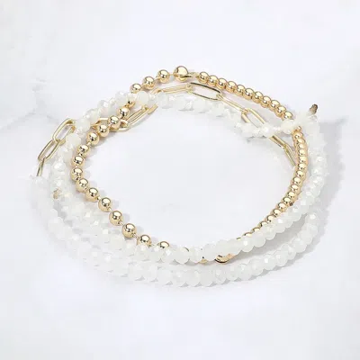 Fashnzfab 3pcs - Metal Ball Faceted Beaded Paperclip Chain Stretch Multi Layered Bracelets Gold, White