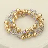 Fashnzfab 3pcs - Metal Ball Faceted Beaded Stretch Multi Layered Bracelets Ab, Gold In Multi