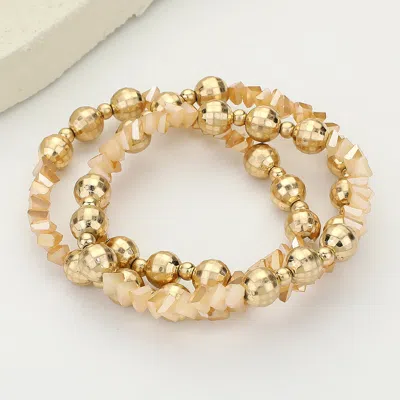 Fashnzfab 3pcs - Metal Ball Faceted Beaded Stretch Multi Layered Bracelets Aqua, Gold, Peach