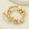 Fashnzfab 3pcs - Metal Ball Faceted Beaded Stretch Multi Layered Bracelets Gold, Pink In Multi