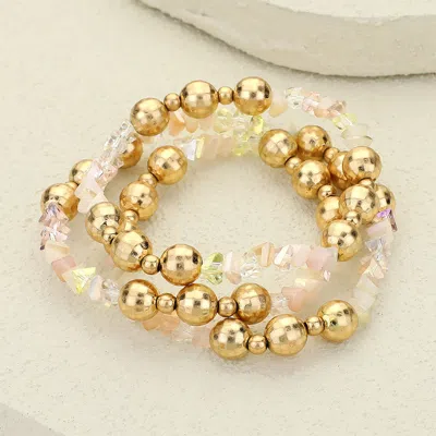 Fashnzfab 3pcs - Metal Ball Faceted Beaded Stretch Multi Layered Bracelets Gold, Pink