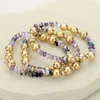 Fashnzfab 3pcs - Metal Ball Faceted Beaded Stretch Multi Layered Bracelets Gold, Purple In Multi