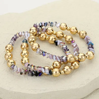 Fashnzfab 3pcs - Metal Ball Faceted Beaded Stretch Multi Layered Bracelets Gold, Purple