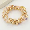 Fashnzfab 3pcs - Metal Ball Faceted Beaded Stretch Multi Layered Bracelets Gold, White In Multi
