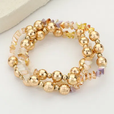 Fashnzfab 3pcs - Metal Ball Faceted Beaded Stretch Multi Layered Bracelets Gold, White
