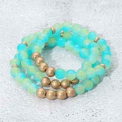 Fashnzfab 3pcs - Metal Ball Pointed Beaded Stretch Multi Layered Bracelets In Blue