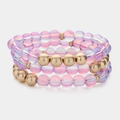Fashnzfab 3pcs - Metal Ball Pointed Beaded Stretch Multi Layered Bracelets Blue, Pink