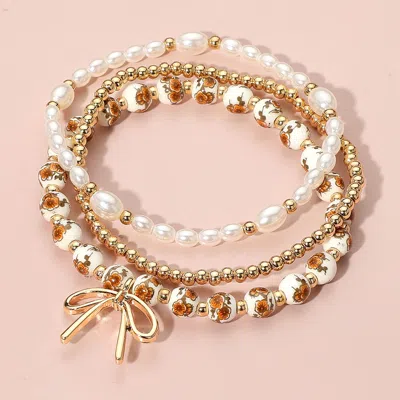 Fashnzfab 3pcs - Metal Bow Charm Pointed Ceramic Ball Pearl Beaded Stretch Multi Layered Bracelets
