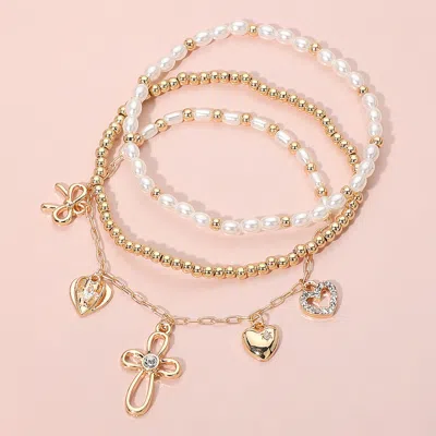 Fashnzfab 3pcs - Metal Bow Cross Pearl Heart Charm Beaded Stretch Multi Layered Bracelets
