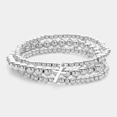 Fashnzfab 3pcs - Metal Cross Charm Pointed Metal Ball Beaded Stretch Multi Layered Bracelets In Silver