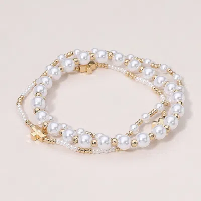 Fashnzfab 3pcs - Metal Cross Pointed Pearl Beaded Stretch Multi Layered Bracelets
