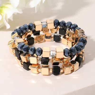 Fashnzfab 3pcs - Metal Cube Faceted Beaded Stretch Multi Layered Bracelets