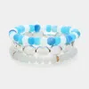 Fashnzfab 3pcs - Metal Faceted Beaded Stretch Multi Layered Bracelets Turquoise, Worn Silver In Blue