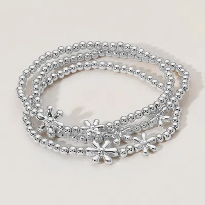Fashnzfab 3pcs - Metal Flower Ball Beaded Stretch Multi Layered Bracelets