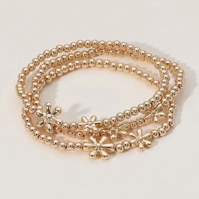 Fashnzfab 3pcs - Metal Flower Ball Beaded Stretch Multi Layered Bracelets In Gold