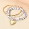 Fashnzfab 3pcs - Metal Heart Locket Charm Pearl Ceramic Metal Ball Beaded Stretch Multi Layered Bracelets Blue In Multi