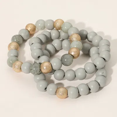 Fashnzfab 3pcs - Metal Natural Stone Wood Beaded Stretch Multi Layered Bracelets In Gray