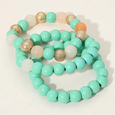 Fashnzfab 3pcs - Metal Natural Stone Wood Beaded Stretch Multi Layered Bracelets In Green