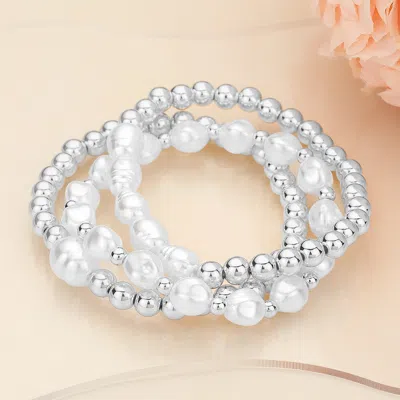 Fashnzfab 3pcs - Metal Pearl Ball Beaded Stretch Multi Layered Bracelets