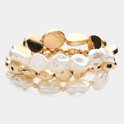 Fashnzfab 3pcs - Metal Pebble Pearl Beaded Stretch Multi Layered Bracelets