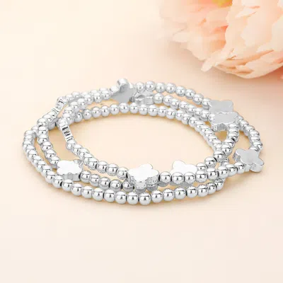 Fashnzfab 3pcs - Metal Quatrefoil Ball Beaded Stretch Multi Layered Bracelets