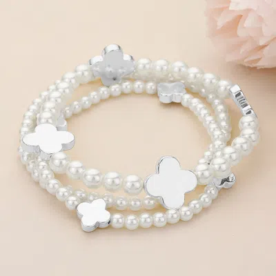 Fashnzfab 3pcs - Metal Quatrefoil Pearl Beaded Stretch Multi Layered Bracelets