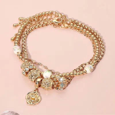 Fashnzfab 3pcs - Metal Rose Charm Floral Ceramic Metal Ball Beaded Multi Layered Bracelets