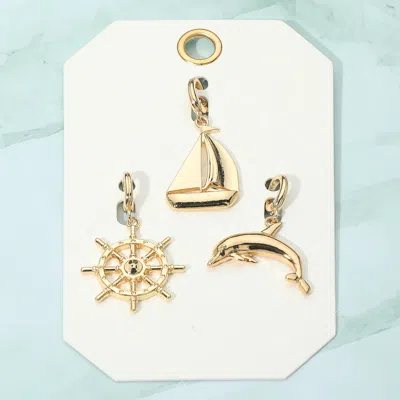 Fashnzfab 3pcs - Metal Ship Wheel Sailboat Dolphin Pendant Charm Set - Gold