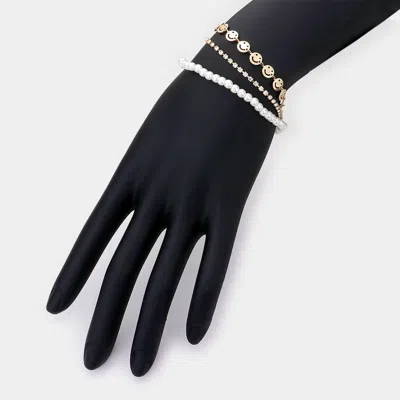 Fashnzfab 3pcs - Metal Smile Link Pearl Tennis Bracelets In Multi
